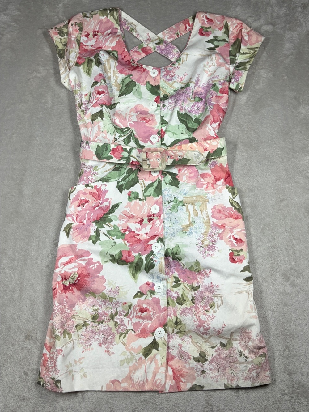 Vintage Carol Anderson 90s Floral Pink Cream Green 100% Cotton Mini Dress 6P